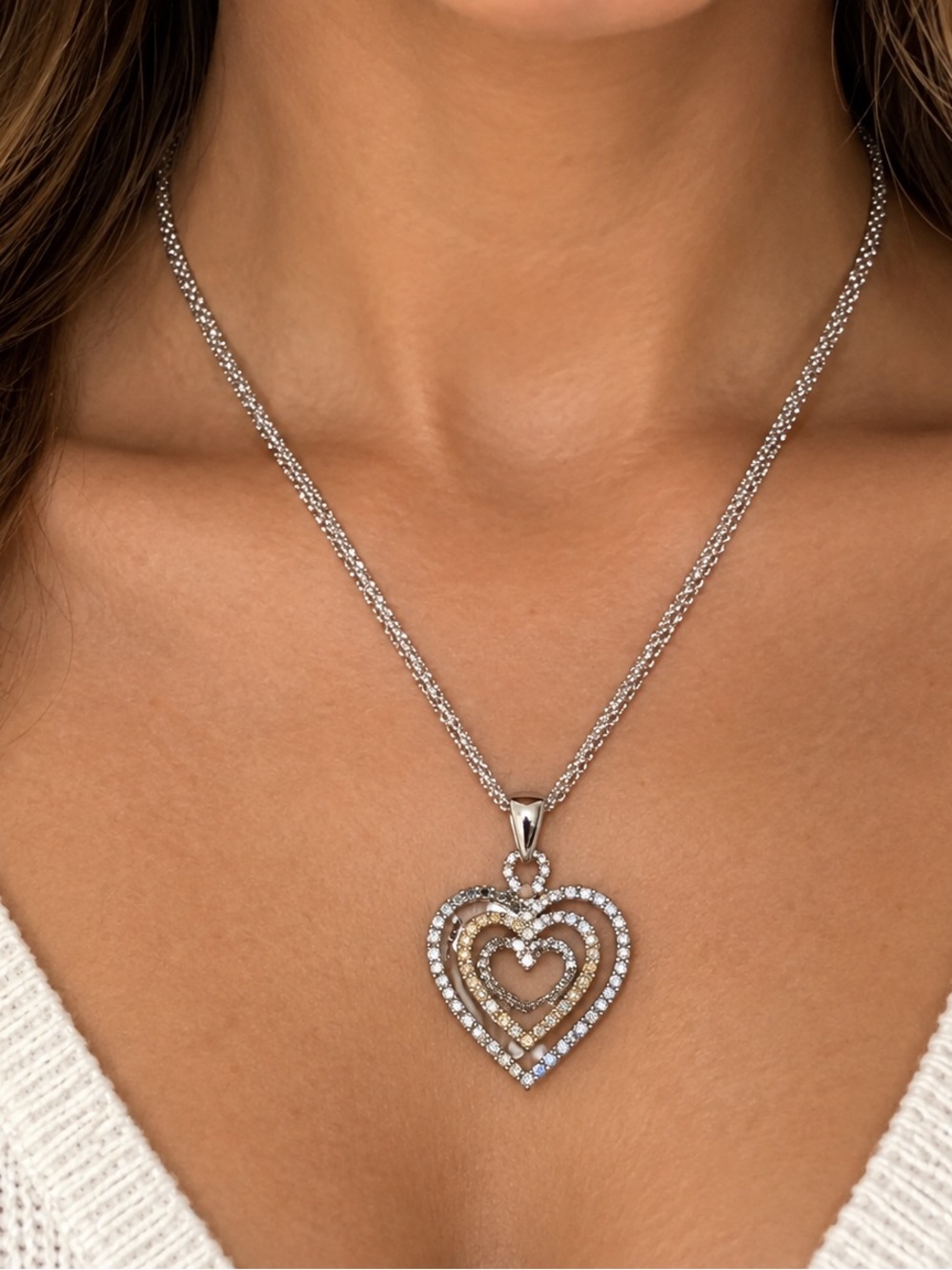 Sparkling Triple Heart Rhinestone Pendant Necklace – Silver Tone Adjustable Mult